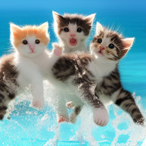 Three cats with bodies merging together as they splash in water.  One of them has a strange, wide-open mouth.