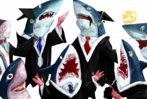 Bad AI art of sharks dressed like graduates.