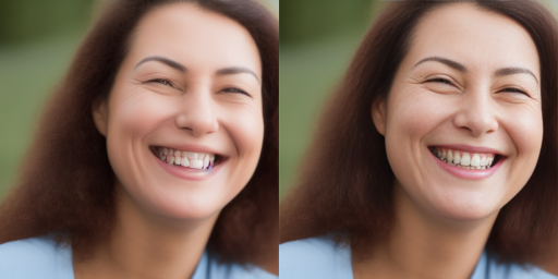 A side-by-side graphic of a smiling woman; on the left she has two rows of her top teeth, and on the right she does not.