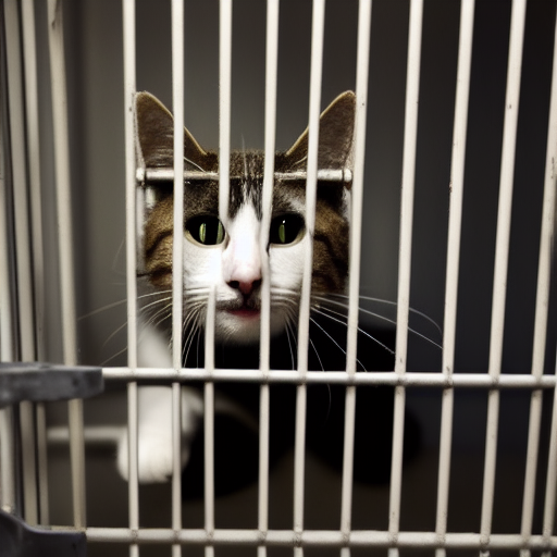 A cat in a jail cell, with its face merging into the bars.