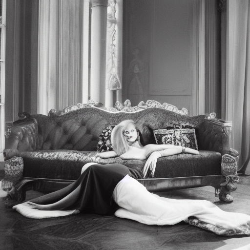 A black and white photo of a sofa, on top of which are part of a woman, with an inhuman face and hand.