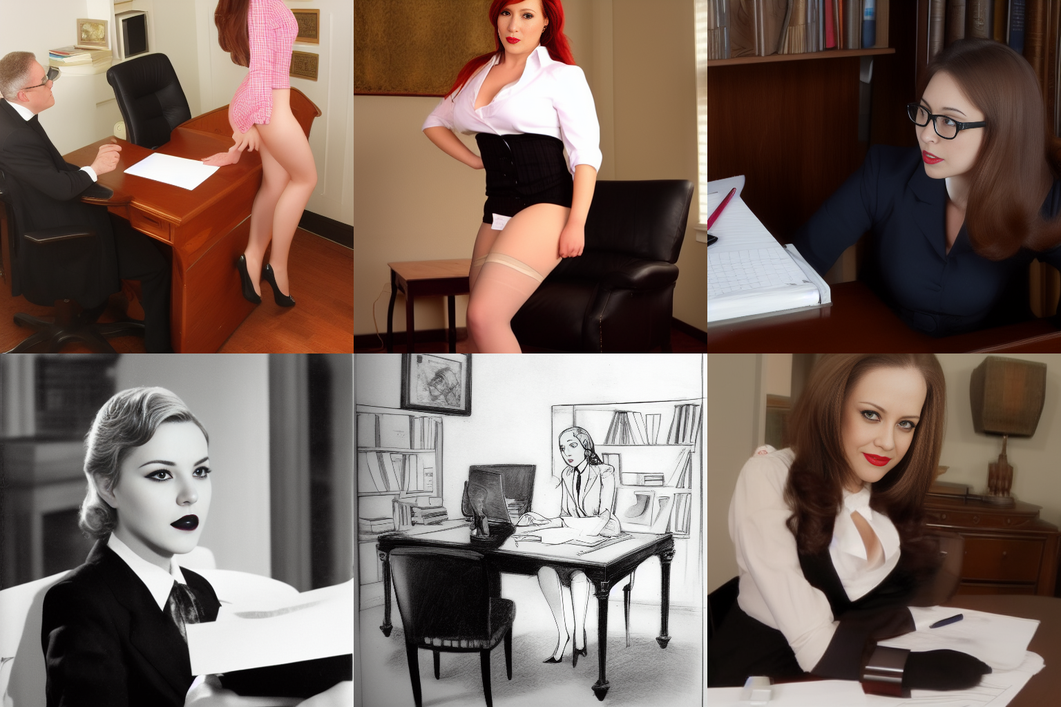 A grid of six images of secretaries.  Two of them are not wearing pants.