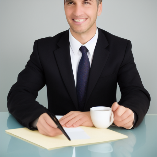 A man in a suit with three hands.  One hand has a pen resting on top of it.