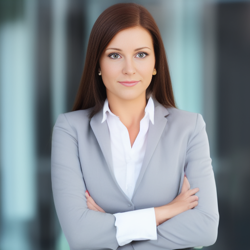 A woman in a suit with her arms folded.  Her fingers are not rendered correctly.